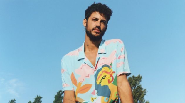 Jorge Brázalez sports a graphic look from Desigual's spring-summer 2020 campaign.