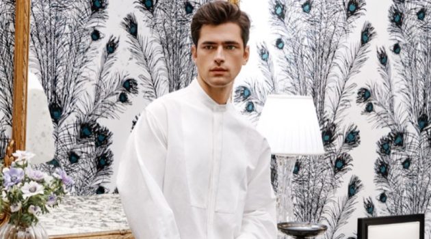 Sean O'Pry sports a Jil Sander cotton shirt with wool pants.