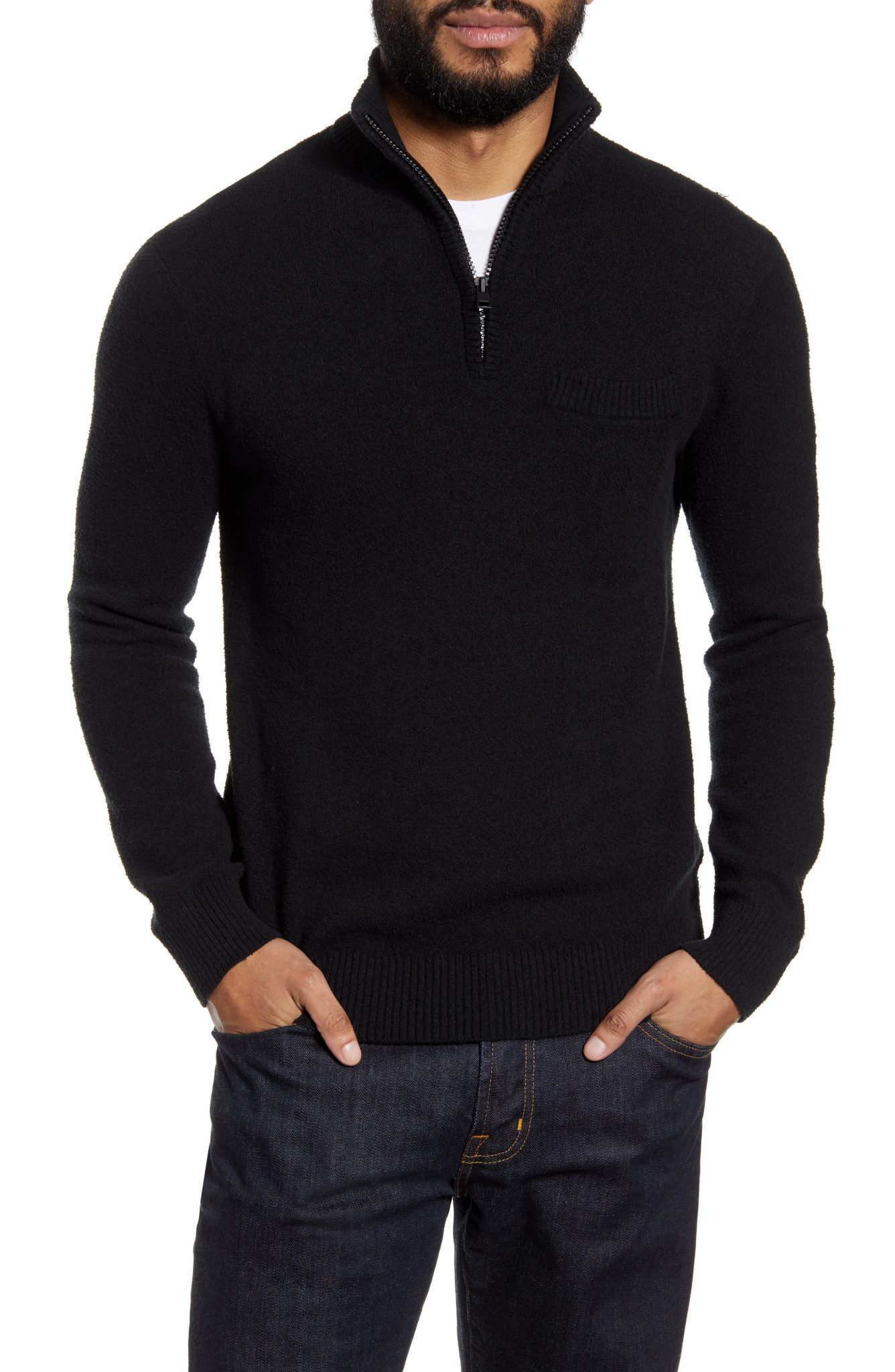 Men’s Club Monaco Quarter Zip Boucle Sweater, Size X-Small - Black ...