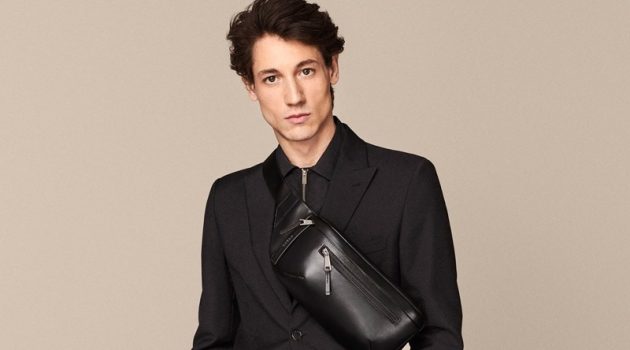 Front and center, Nicolas Ripoll models a technical belt bag for Furla's spring-summer 2020 campaign.