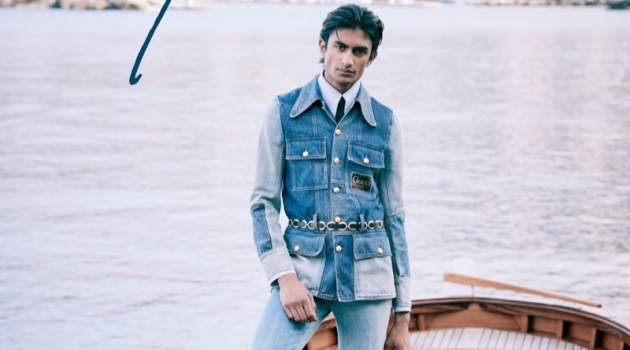 Rishi Robin sports a denim look from Gucci for Bergdorf Goodman's spring 2020 Goodman's Guide.