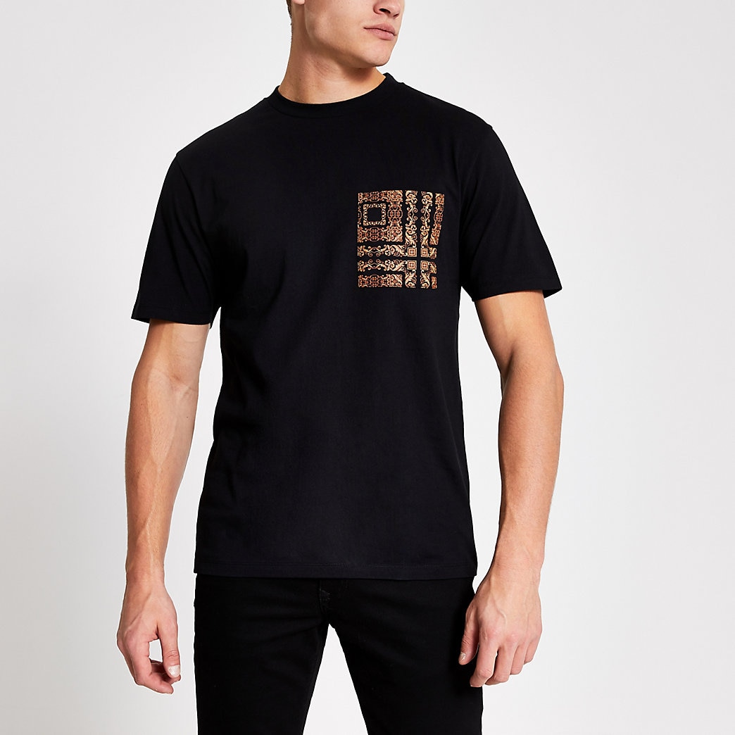 River Island Mens Black baroque print pocket slim fit T-shirt | The ...
