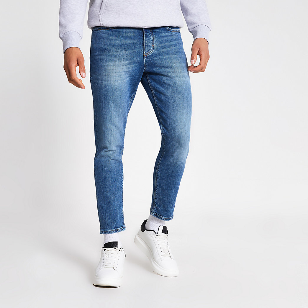 mens cropped blue jeans
