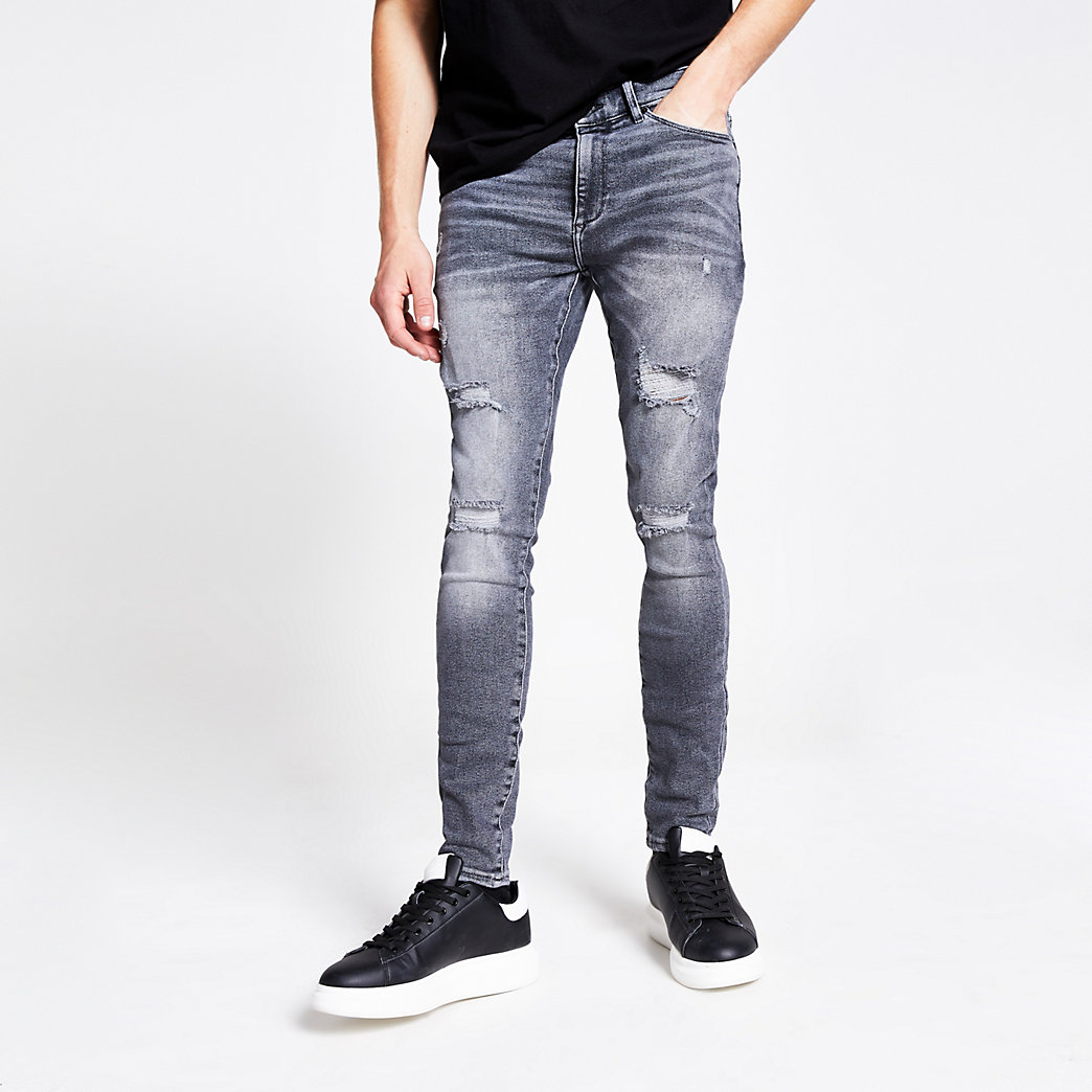 River Island Mens Grey Ripped Ollie Spray On Jeans 