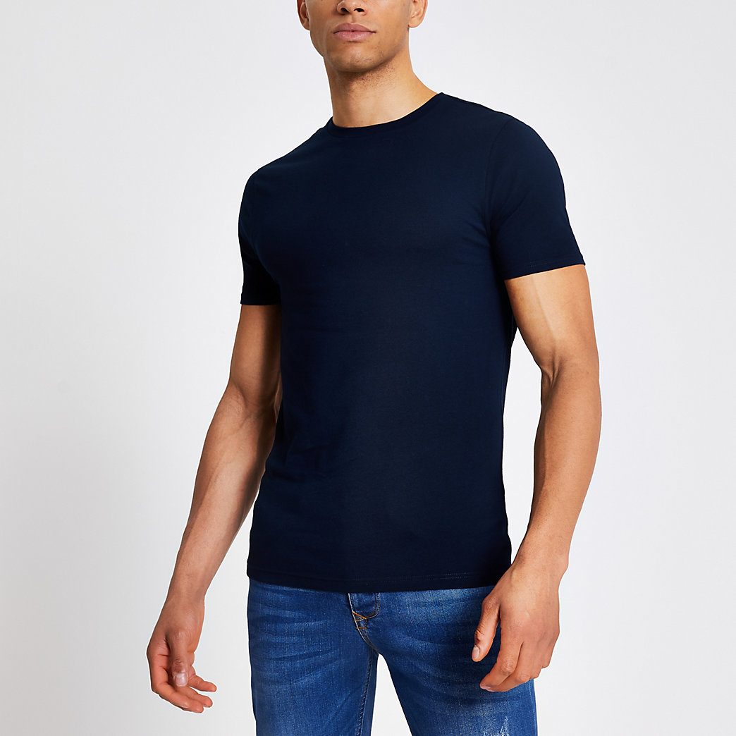 River Island Mens Navy short sleeve muscle fit T-shirt | The Fashionisto