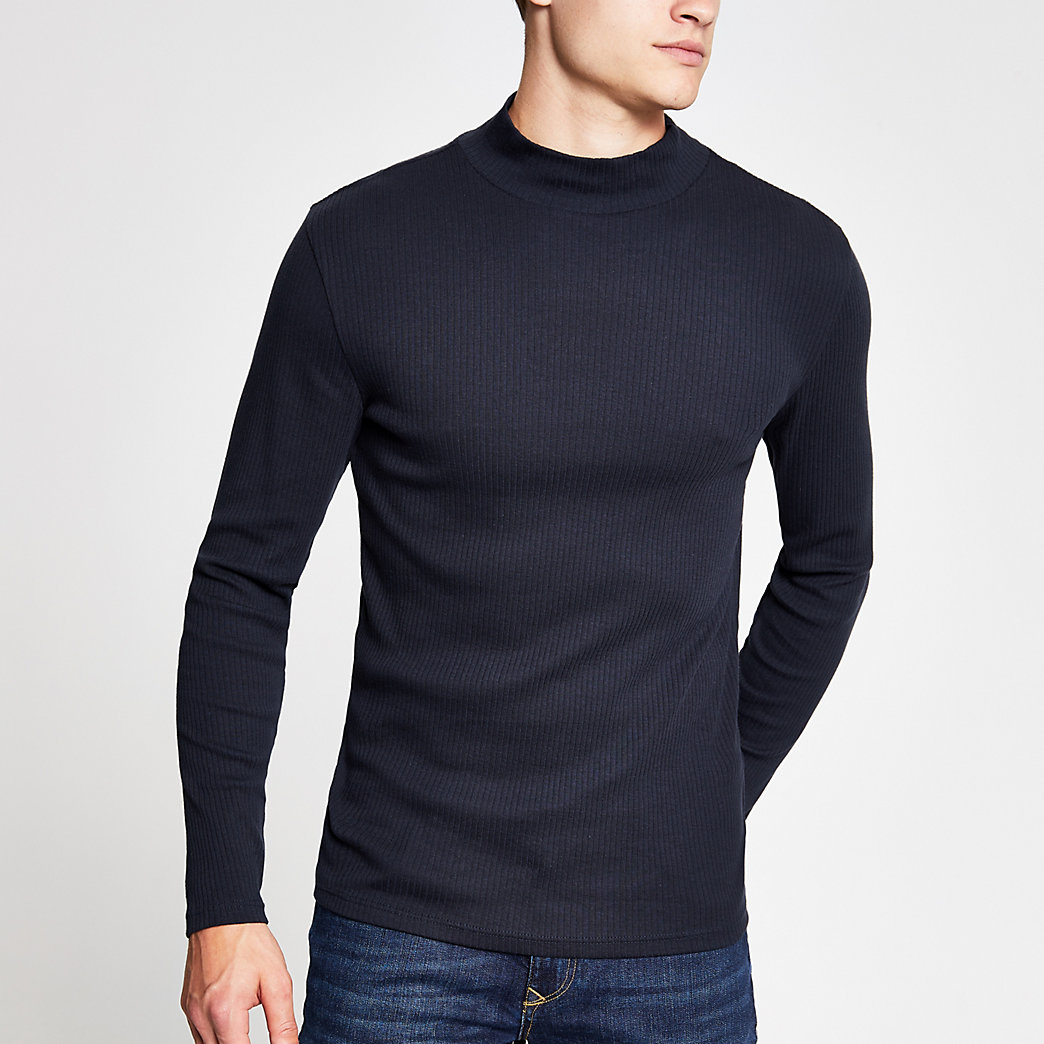 River Island Mens Navy turtle neck long sleeve slim fit T-shirt | The ...