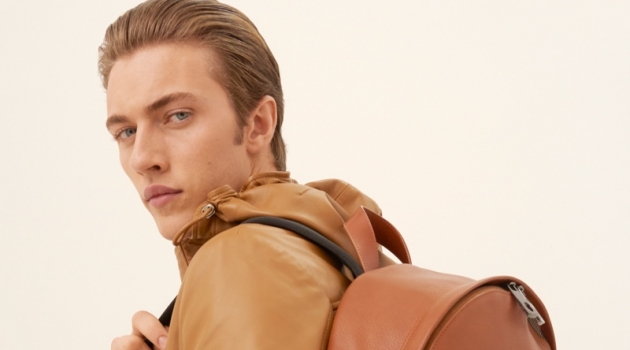 Embracing rich shades of brown, Lucky Blue Smith appears in Trussardi's spring-summer 2020 campaign.