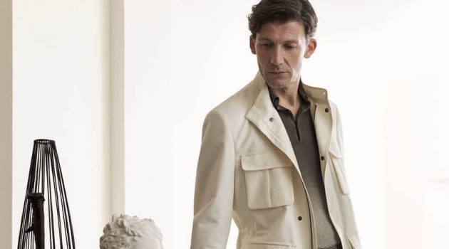 Making a classic statement in a safari jacket, Ben Grafton fronts Corneliani's spring-summer 2020 campaign.