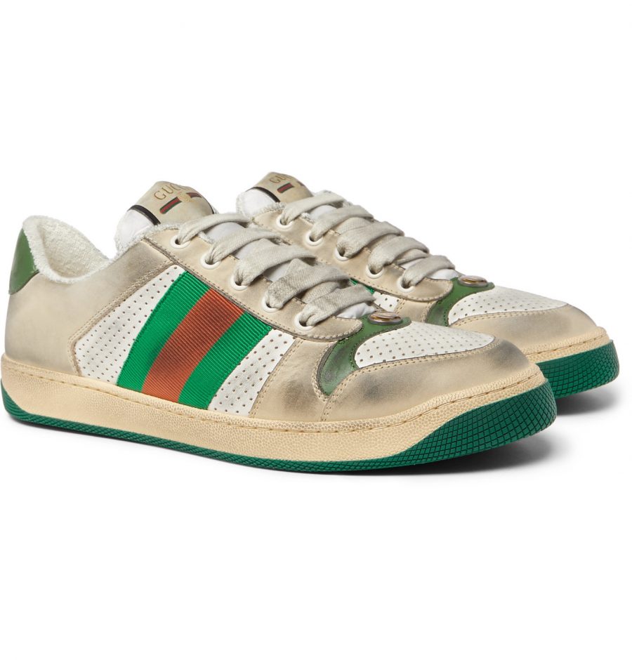 Gucci - Virtus Distressed Leather and Webbing Sneakers - Men - Neutrals ...