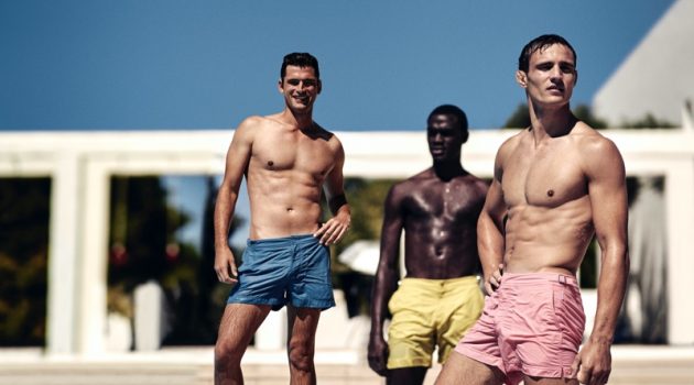 Models Sean O'Pry, Davidson Obennebo, and Julian Schneyder star in Orlebar Brown's high summer 2020 campaign.