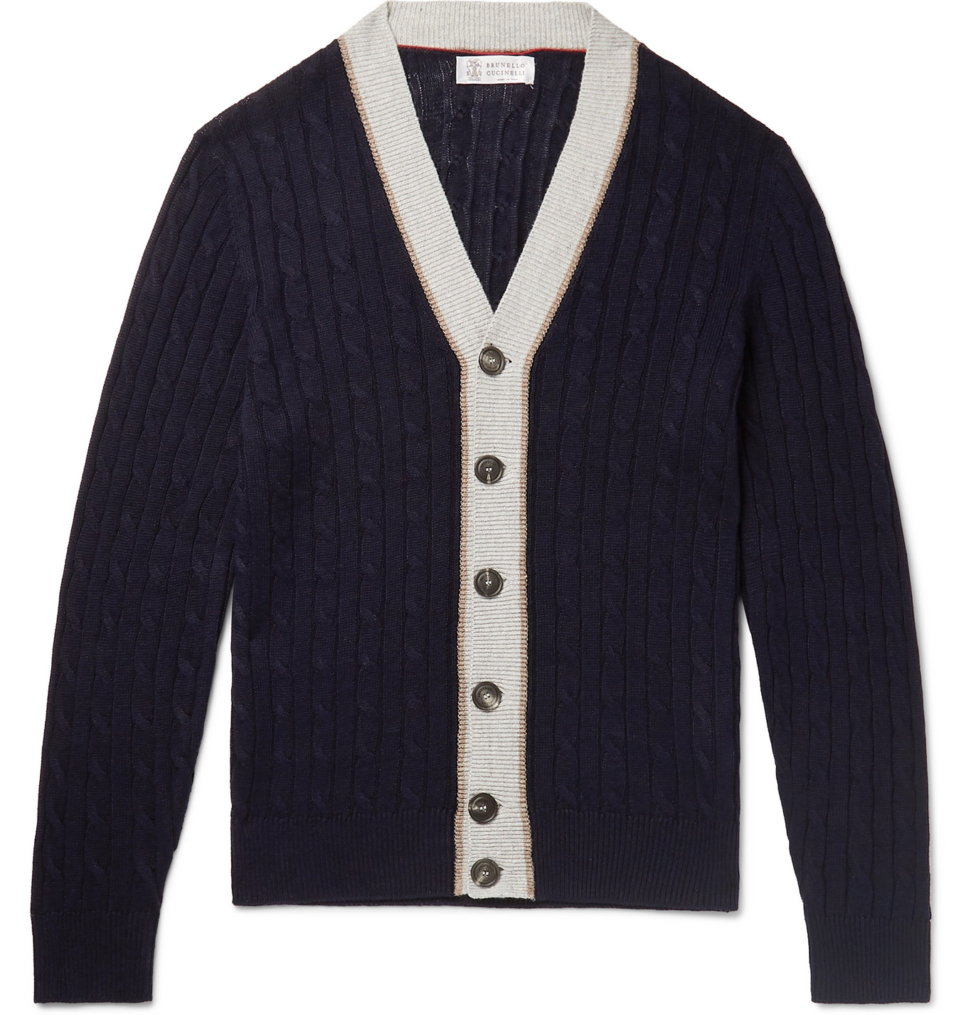 Brunello Cucinelli - Striped Cable-Knit Linen and Cotton-Blend Cardigan ...