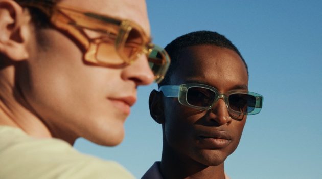 Bo Develius and Oliver Kumbi model sunglasses from the H&M x CHIMI collaboration.