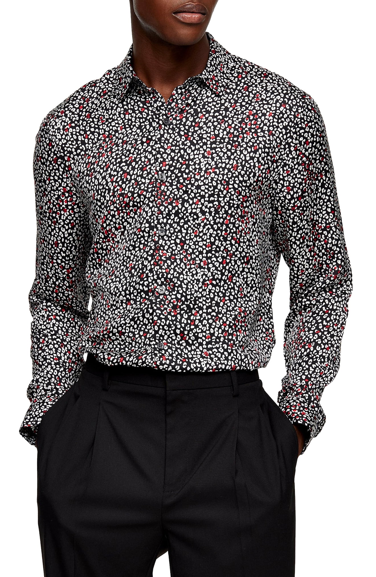 Menâs Topman Slim Fit Leopard Button-Up Shirt, Size Medium - Black | The Fashionisto