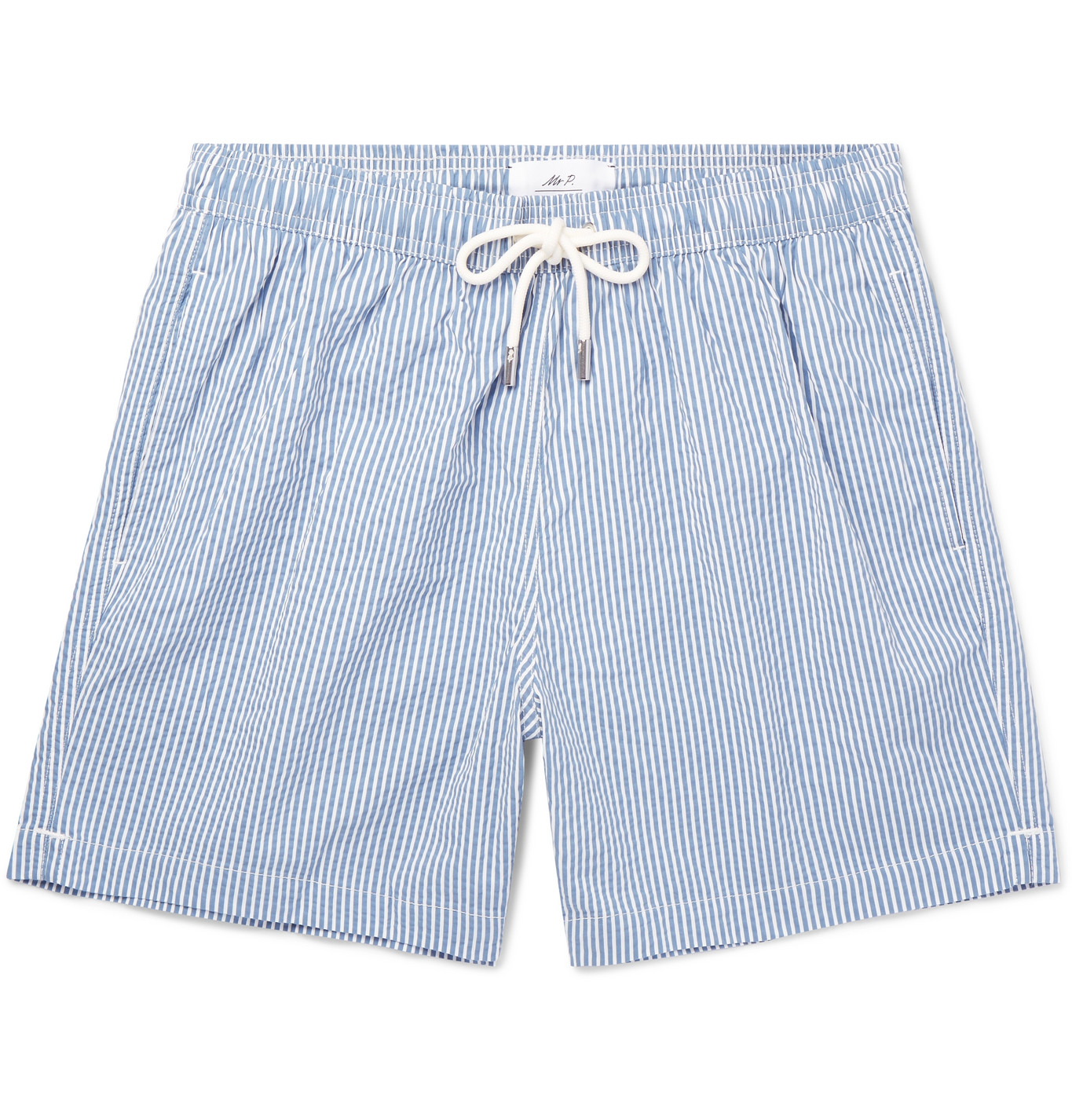 mens blue and white striped swim shorts