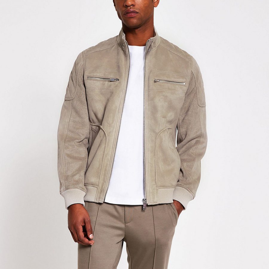 River Island Mens Grey suedette long sleeve racer jacket | The Fashionisto