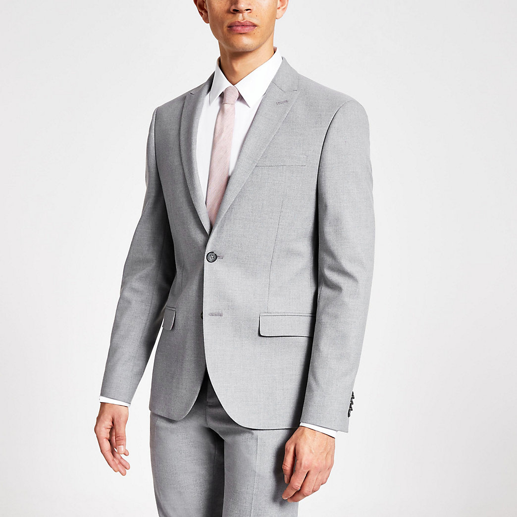 River Island Mens Grey textured skinny suit jacket | The Fashionisto