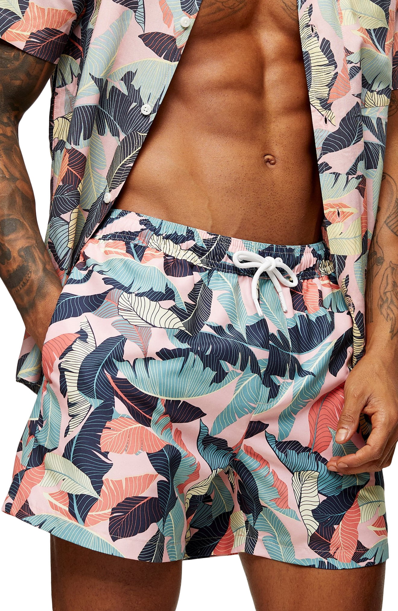 Download Men's Topman Palm Print Swim Trunks, Size X-Small - Pink ...