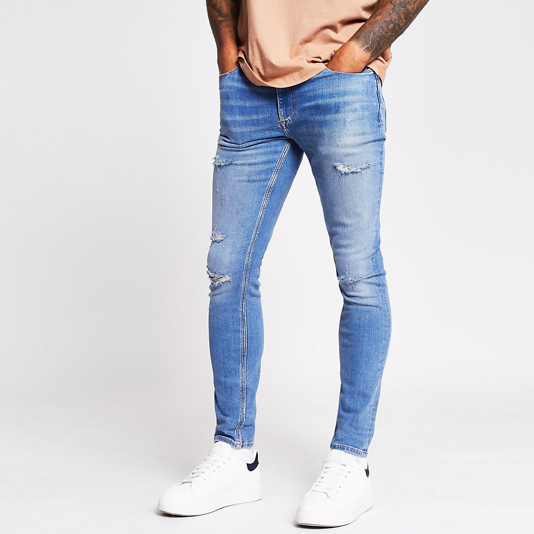 mens blue ripped stretch skinny jeans
