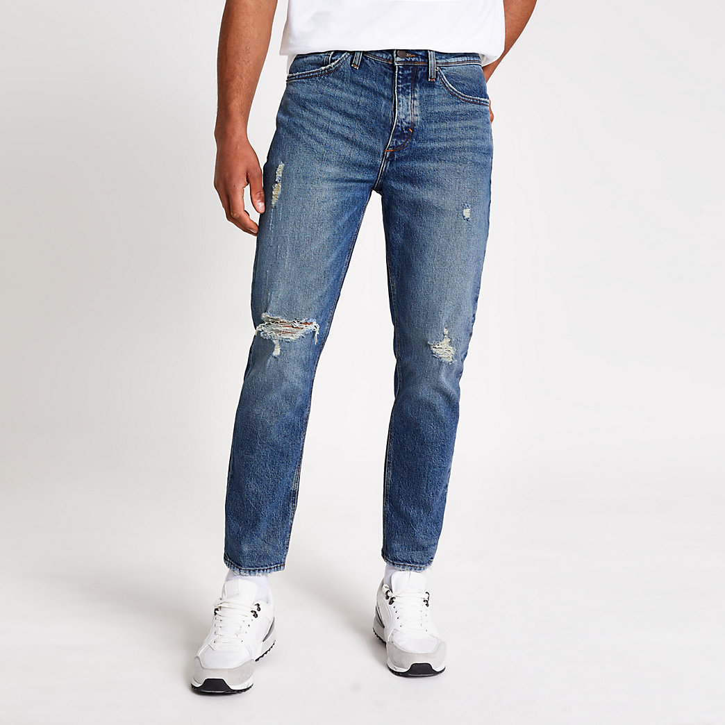 mens distressed tapered jeans