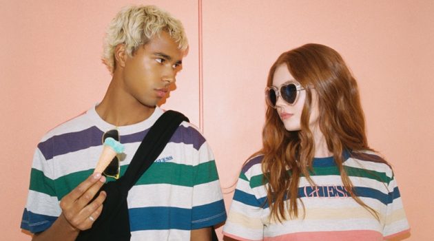 Daouda Ka and Victoria Britt don striped tees for GUESS Originals' fall 2020 campaign.