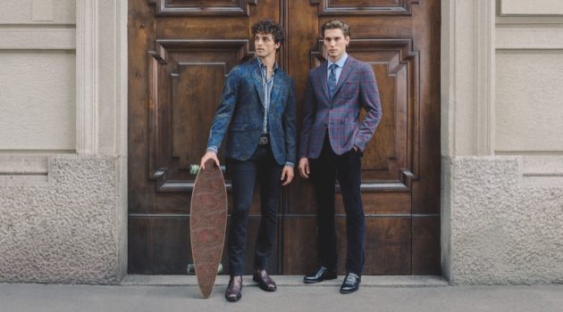 Models Alberto Perazzolo and Maxime Trabouile sport Etro's 24 Hour jacket.