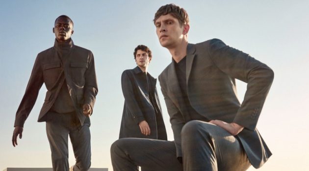 Models Alpha Dia, Matthew Bell, and Mathias Lauridsen dons tailored menswear from Mango's Improved collection.