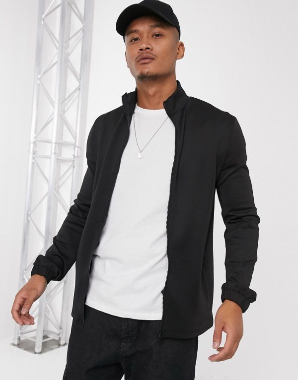 ASOS DESIGN jersey track jacket in scuba fabric in black | The Fashionisto