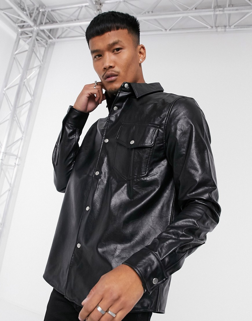 ASOS DESIGN leather look overshirt in black | The Fashionisto