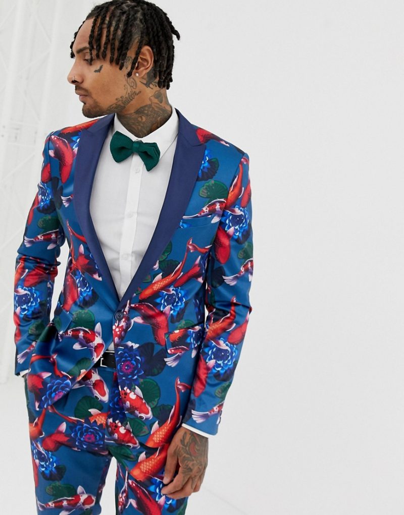 ASOS DESIGN skinny tuxedo suit jacket in fish print-Blue | The Fashionisto