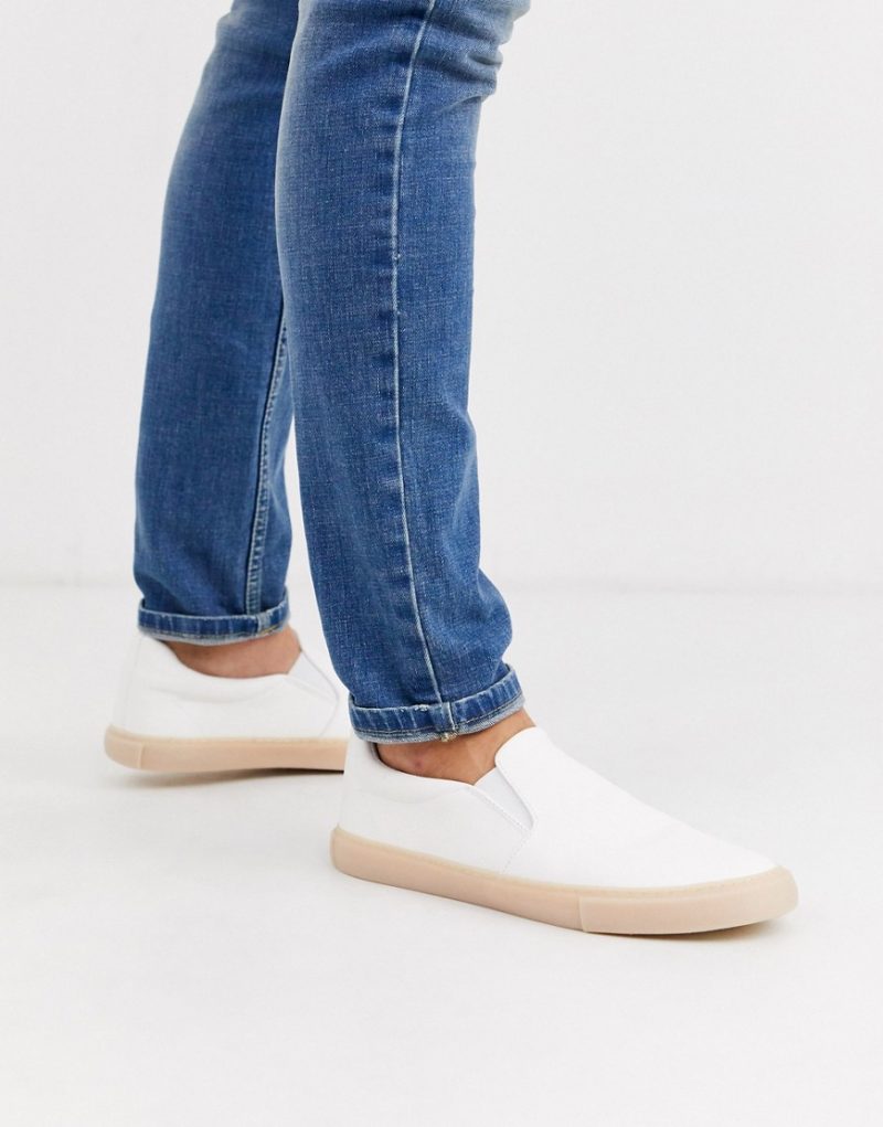 ASOS DESIGN slip on plimsolls in white leather look with gum sole | The ...