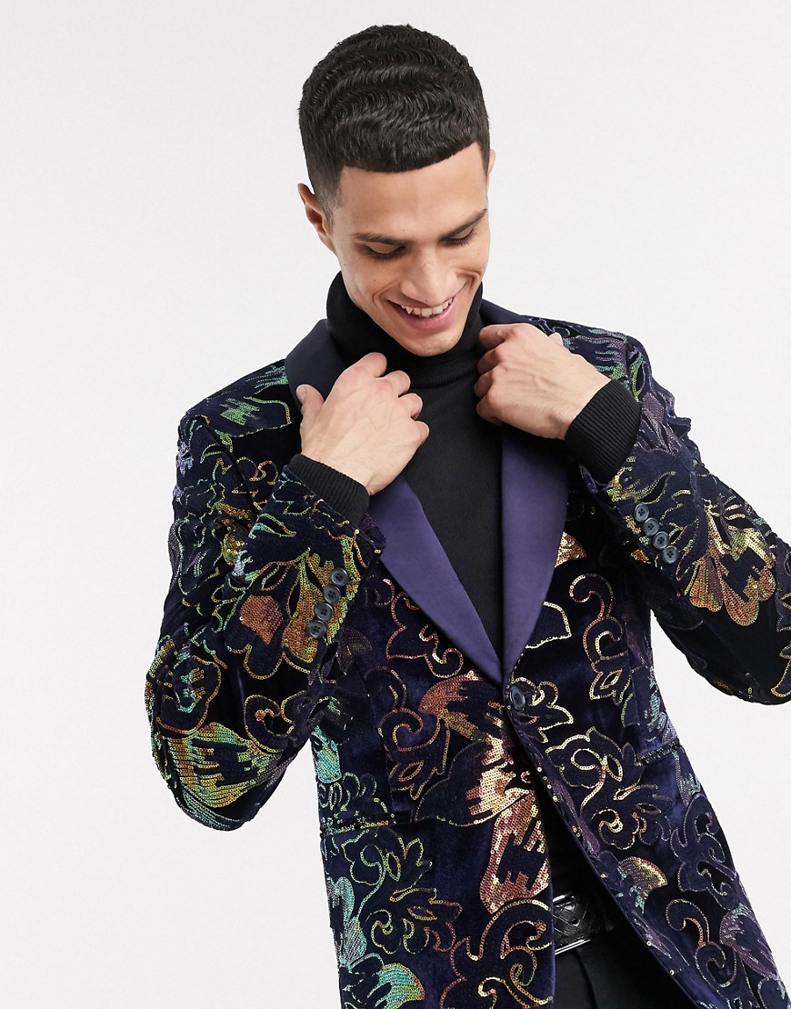 ASOS DESIGN super skinny velvet blazer with sequin floral in navy | The ...