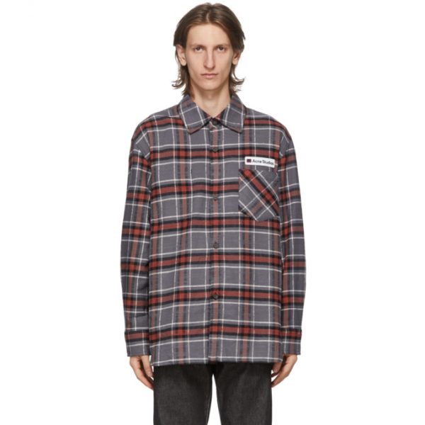 Acne Studios Grey and Red Flannel Logo Patch Shirt | The Fashionisto