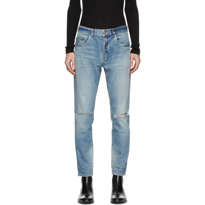 Saint Laurent Blue Distressed Slim Jeans | The Fashionisto