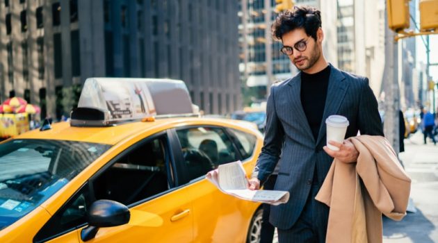 Stylish Businessman New York City Street Taxi Cab Suit Newspaper Coffee