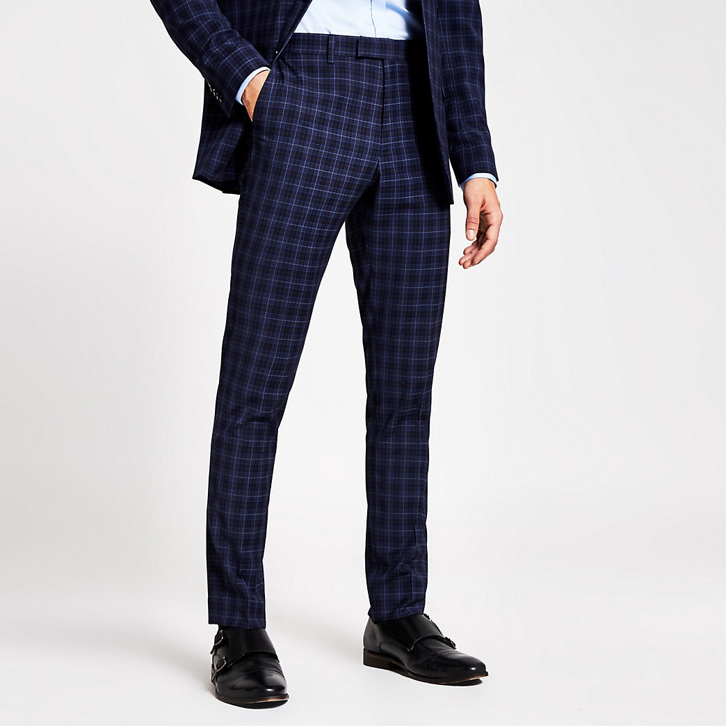 River Island Mens Blue check skinny suit trousers | The Fashionisto