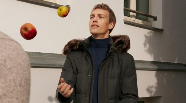 Victor Nylander sports a charcoal-colored winter look from Massimo Dutti.