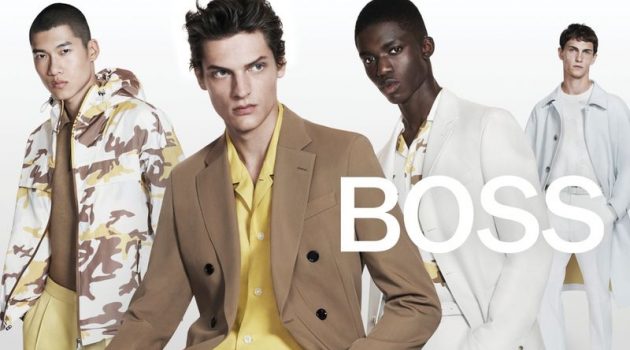 Models Yun Hoseok, Valentin Caron, Jeremiah Berko-Fourdjour, and Luc Defont-Saviard don yellow and neutral-toned looks for BOSS's spring-summer 2021 men's campaign.