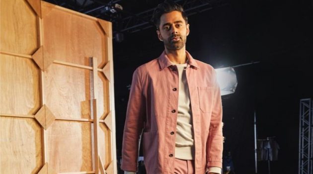 Hasan Minhaj wears a Todd Snyder Bedford cord chore coat and slim fit 5-pocket cord pants in rosewine.