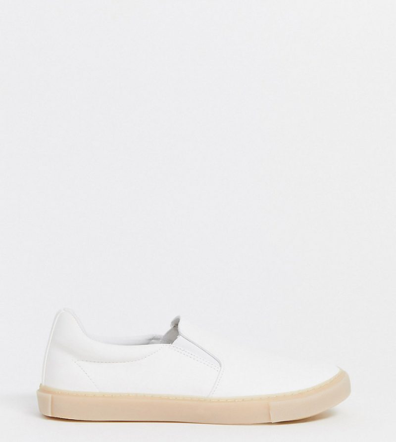 ASOS DESIGN Wide Fit slip on plimsolls in white leather look with gum ...