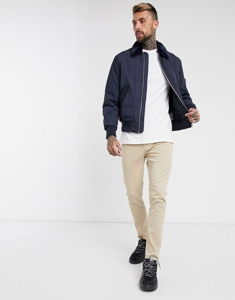 ASOS DESIGN bomber jacket with detachable faux fur collar in navy | The ...