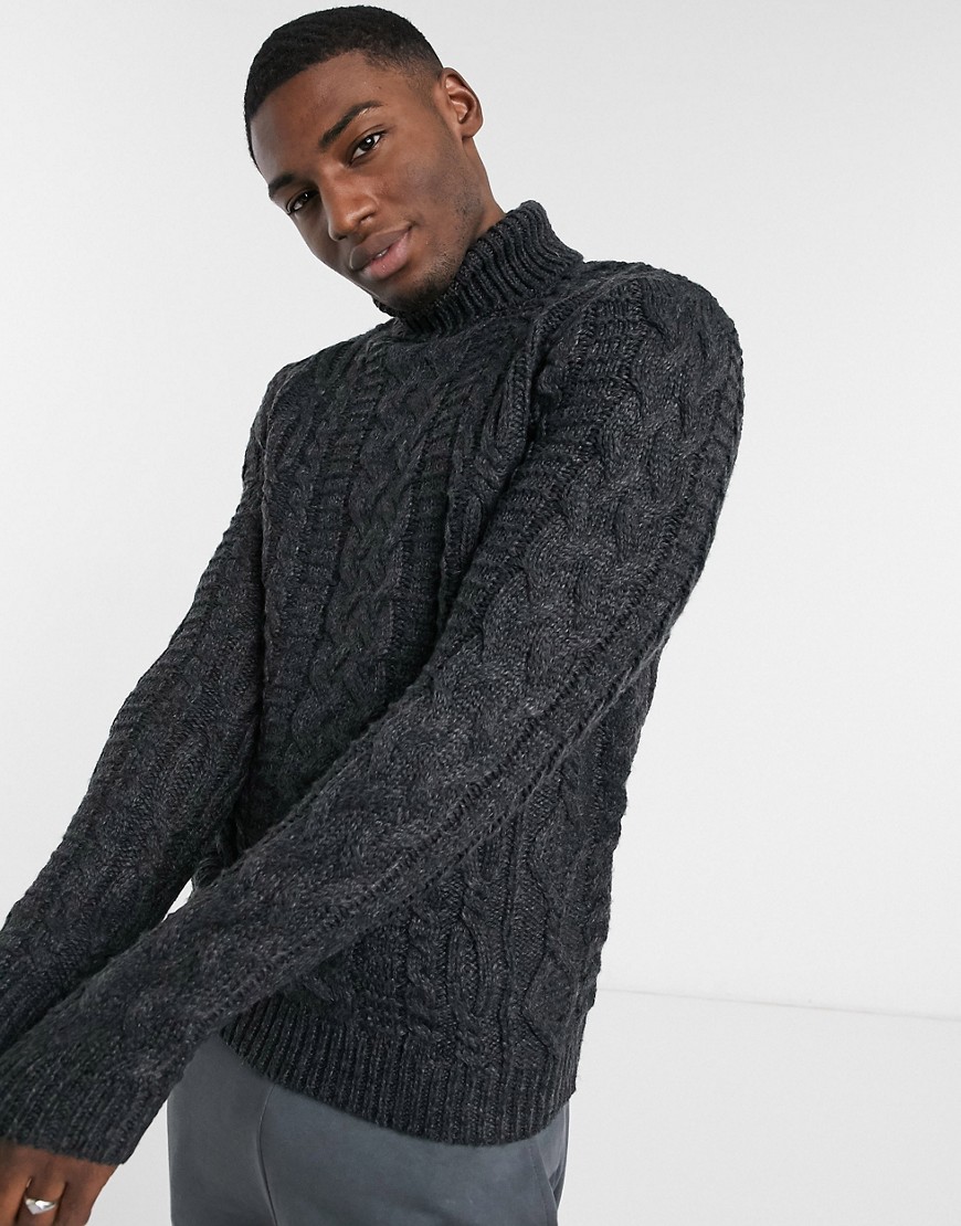 ASOS DESIGN heavyweight cable knit roll neck sweater in charcoalGrey