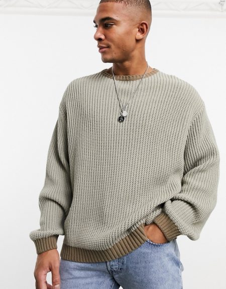 ASOS DESIGN knitted oversized rib sweater in mink with contrast trims ...