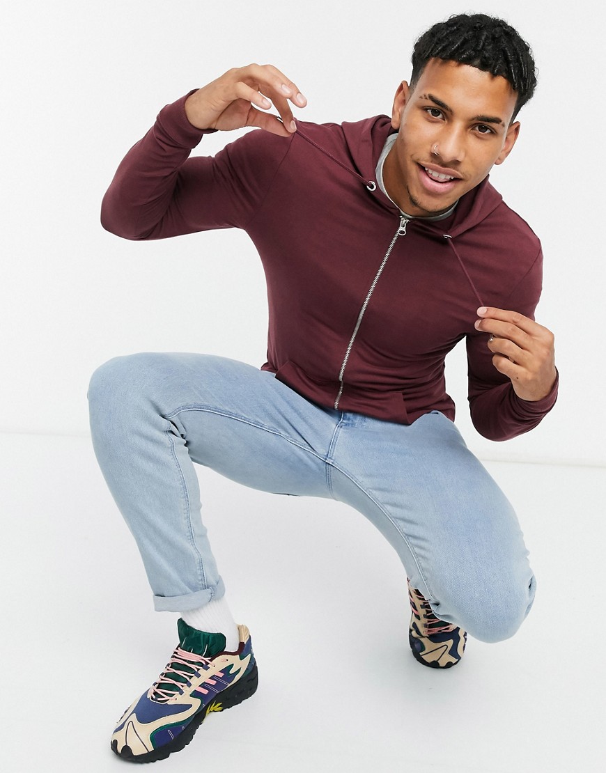 ASOS DESIGN organic muscle zip up hoodie in burgundy-Red | The Fashionisto