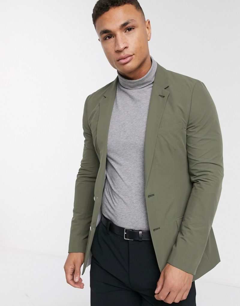 ASOS DESIGN soft tailored skinny blazer in khaki-Green | The Fashionisto