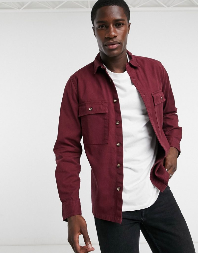 ASOS DESIGN twill shacket in burgundy-Red | The Fashionisto