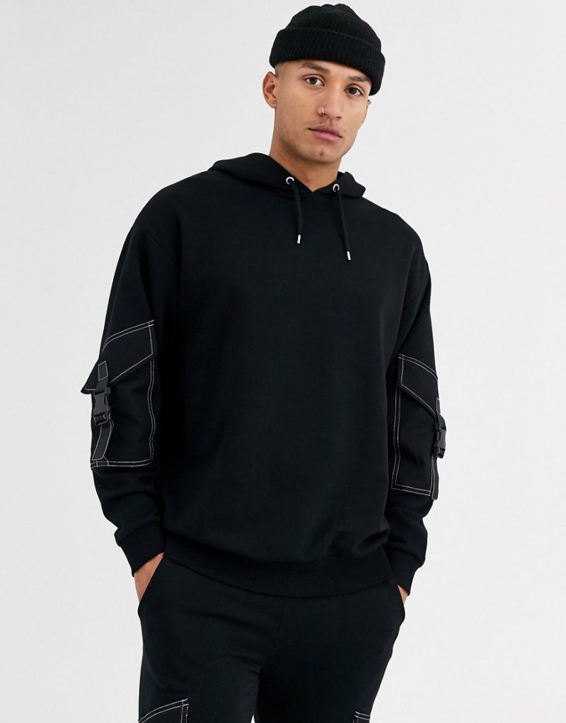 ASOS DESIGN two-piece oversized hoodie with utility pockets in black ...