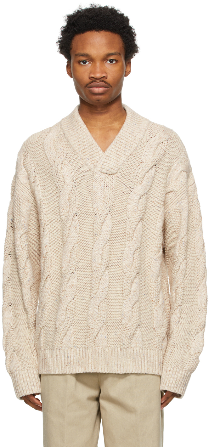 Acne Studios Beige Cable Knit V-Neck Sweater | The Fashionisto