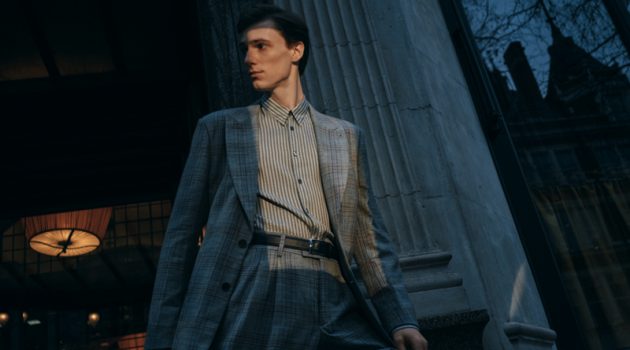 Tommaso de Benedictis wears a Prince of Wales checked silk and wool-blend suit jacket and trousers with a slim-fit striped wool and silk-blend shirt from Mr Porter.