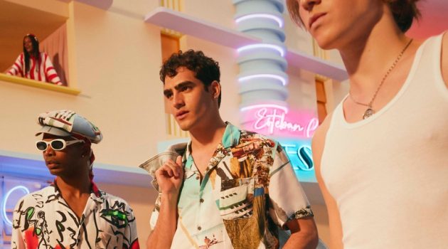 Loui Martínez, Jhonattan Burjack, and Biel Juste wear fashions from the new Desigual x Esteban Cortazar capsule collection.