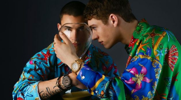 Models Simone Bricchi and Valentin Humbroich star in Versace's spring-summer 2021 watches campaign.